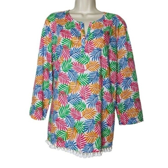 Talbots Leafy Print Popover Tunic top Size XL Long Sleeve Tassels Hem Tropical - Picture 1 of 8